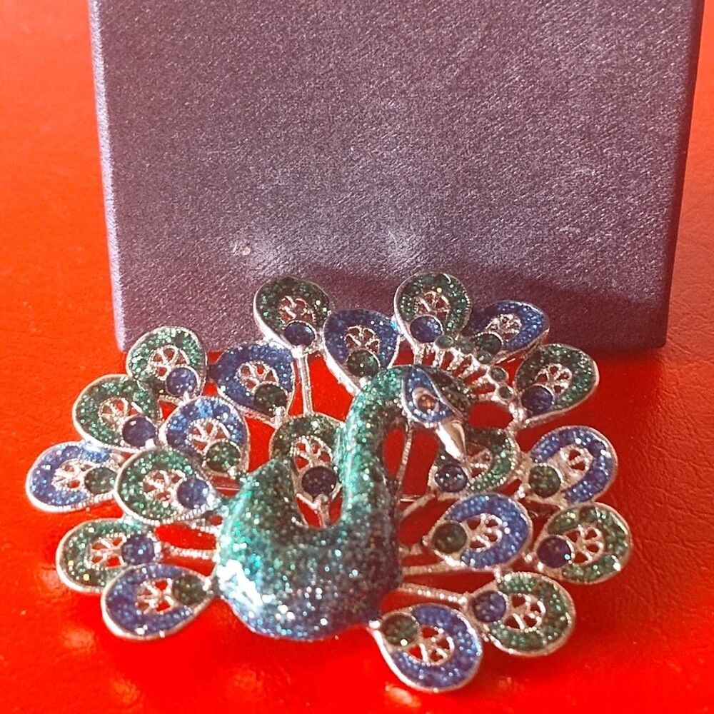 Green Blue Sparkle Thai Peacock Thailand Art Big Brooch Bird Big Pin Silver Tone